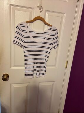 Striped White and Black Short Sleeve Women’s Top